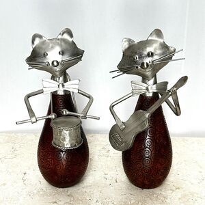Pair of Jazz Cats Metal Wood Fun Vintage 90s Decor Guitar Player Drummer Music